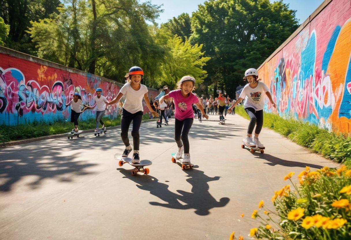 A vibrant scene capturing a group of diverse skaters of all ages joyfully gliding through a sunlit park with colorful graffiti on walls. They exhibit varying skating styles, surrounded by lush green trees and blooming flowers, showcasing a strong sense of community and fun. A few spectators are cheering, and there are playful dogs joining the excitement. The overall atmosphere radiates happiness and freedom. super-realistic. vibrant colors. 3D.