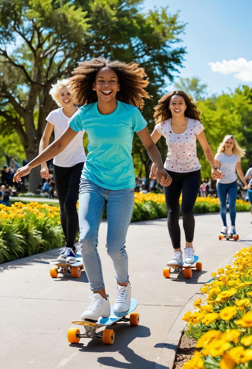 A vibrant scene showcasing a diverse group of skaters gracefully gliding on a sunlit park pathway, surrounded by blooming flowers and cheering spectators. The joy on their faces highlights camaraderie and passion for skating, with colorful skateboards and rollerblades in motion. The atmosphere radiates happiness and freedom, with a soft blue sky and fluffy clouds in the background. playful and energetic. super-realistic. vibrant colors. white background.
