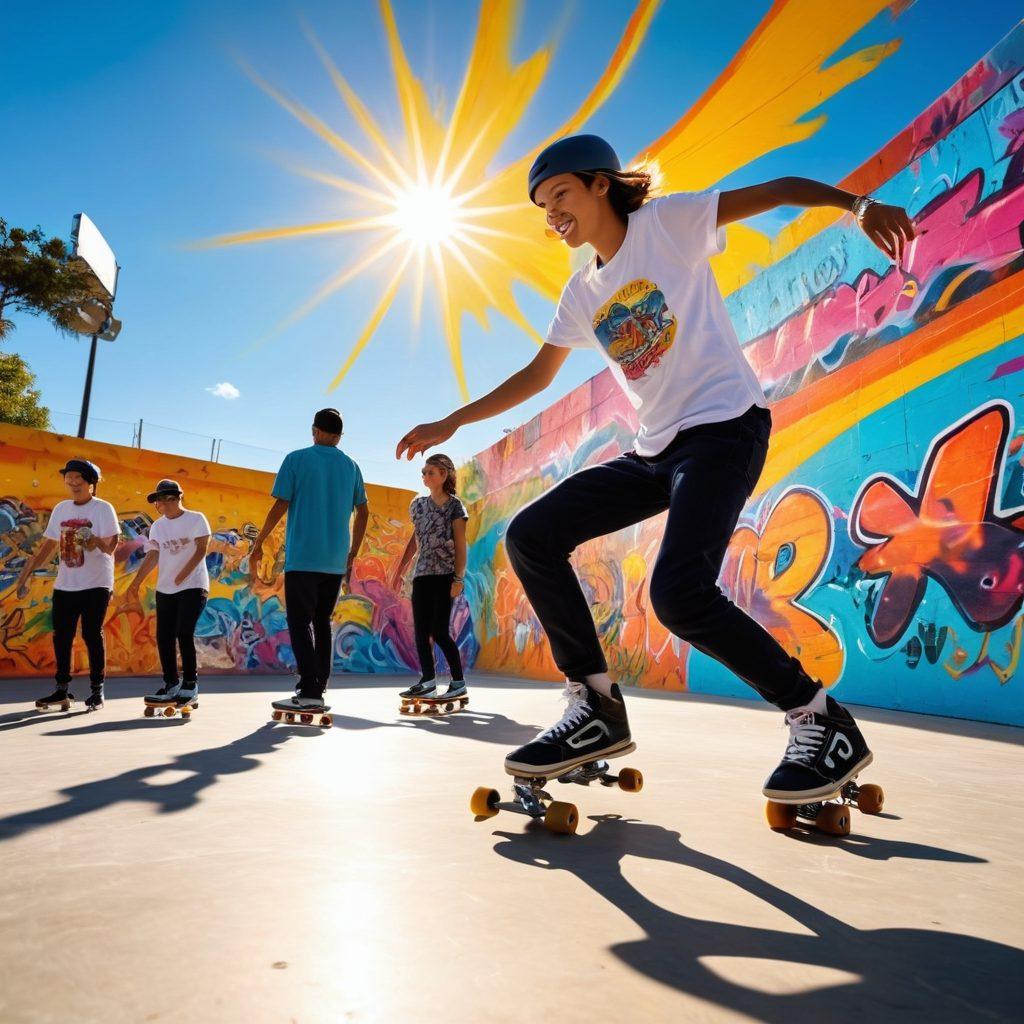 A vibrant skate park filled with diverse skating enthusiasts enjoying tricks and laughter, colorful graffiti art on surrounding walls, bright sun shining down with a blue sky, kids and adults showcasing their skills in various skating styles, a joyful atmosphere radiating energy and friendship. vibrant colors. super-realistic.